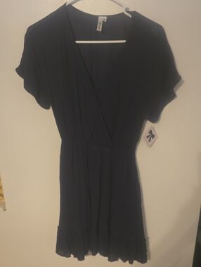 Navy Short Sleeve Surplice Ruffle Hem Dress